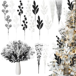 Thiccywoov 100 Pcs 17'' 12'' Black and White Christmas Tree Picks and Sprays Artificial Glitter Christmas Berry Stem Picks Fake Vase Filler Twigs Ornaments for Xmas Tree Decorations Crafts