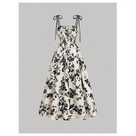 SHENHE Women's Floral Bustier Corset Dress Tie Shoulder Smocked Flowy Boho Long Dress Sundress Black and White Medium