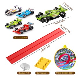 SKIKHN 4m Flexible Toy Car Track with Storage Bag,Flexible Car Track Play Set with 4 Cars and 12 Suckers, Roll Up Race Track for Loops,Jumps,Ramps with Suction Cups for Window,Door Ideal for Children