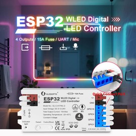 GLEDOPTO ESP32 WLED Digital LED Controller with 4 Channel 15A Fuse Mic Sound UART DIY FCOB Addressable Strip Light for WS2811 WS2812 SK6812 TM1814 WS2813 WS2815 (GL-C-017WL-D)