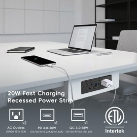 20W Recessed Power Strip USB, 2 AC Outlets + 1 USB-C + 1 USB-A Ports, 6ft Cord, Space Saving Furniture Outlet for Desk/Bedside/Kitchen/Drawer (18W USB-A & 20W USB-C Fast Charge)