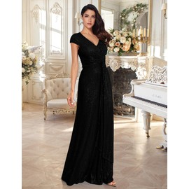 meilun Black Short Sleeve Sequin Dress for Women Formal Evening Gowns Sparkly V Neck 1920s Long Dress for Wedding Guest,M