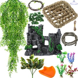 Foilswirl Bearded Dragon Tank Accessories Resin Reptile Castle Hammock Plants Climber Vines Jungle Terrarium Branch Plants Habitat Decoration for Hiding Climbing Snake Gecko Lizard Chameleon