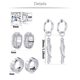 Ofeiyaa 12 Pairs Magnetic Stud Earrings Stainless Steel CZ Hoop Punk Feather Dangle Hinged Non-Piercing Earrings Clip on Magnet Earring Set for Women Men Silver Tone