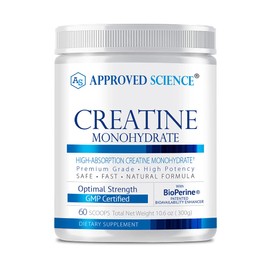 Approved Science Creatine Monohydrate Powder with BioPerine - Supports Lean Muscle Growth and Recovery - 60 Servings - 5g Per Serving - Unflavored - Non-GMO, Vegan