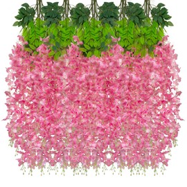 24PCS Deep Pink Artificial Wisteria Hanging Flowers, 3.44 Ft Fake Hanging Flowers Garland Silk Flowers, Faux Wisteria Garland Vines for Outdoor Yard Garden Patio, Wedding Arch Backdrop Home Decoration