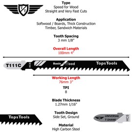 15 x TopsTools T111C 100mm Jigsaw Blades Designed for Fast Coarse Cuts in Wood