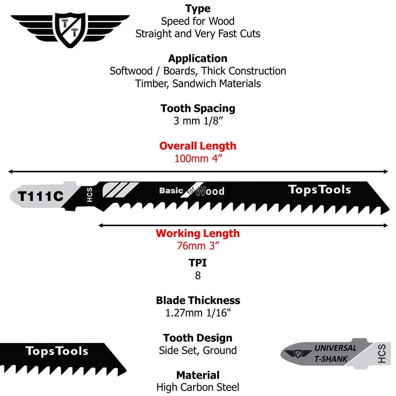 15 x TopsTools T111C 100mm Jigsaw Blades Designed for Fast