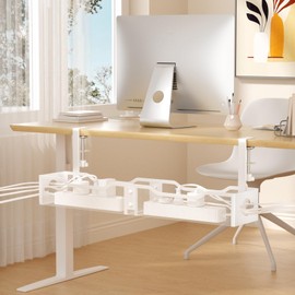 Punmoy Under Desk Cable Management Tray 25.12", Extra Large Cable Management No Drill, Extended Cord Organizer with Adjustable Clamps, White