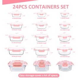 KOMUEE 24 Pieces Glass Food Storage Containers Set,Glass Meal Prep Containers Set with Lids-Stackable Airtight Glass Storage Containers with lids,Freezer to Oven Safe,Pink