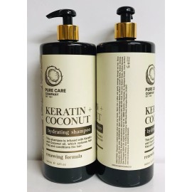 Clean & Beauty 2 Bottles Pure Care Co. ~ Keratin & Coconut Hydrating & Renewing Shampoo 32 oz
