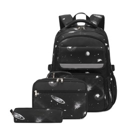 Mildame Galaxy Backpack for Boys with Lunch Box Set, 3Pcs Boys Bookbag for Elementary, 3 in 1 Teens Space Printed School Bag