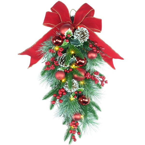 24" Pre-lit Decorative Teardrop Swag, Battery Operated Christmas Swag with Fairy Lights, Red Bowknot & Baubles, Pine Cones, Red Berries, Green Leaves Holly, Spruce Branches, Pine Needles (Red)