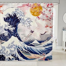 jejeloiu Japanese Crane Shower Curtain Mount Fuji Fabric Shower Curtain for Kids Boys Girls Cherry Blossoms Bathroom Waterproof Accessories with 12 Hooks Sakura Flowers Curtains,72x84 Inches