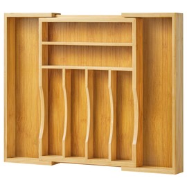 ACIPENSER Bamboo Kitchen Drawer Organizer, Expandable Cutlery Tray Utensil Organizer with Grooved Silverware Drawer for Flatware Silverware in Kitchen 8 Slot, Natural, 11.6"-18.9"W, 14.96"H, 1.97"D