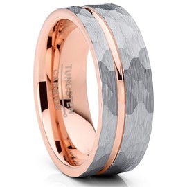 Metal Masters CO. Men's Hammered Grooved Tungsten Carbide Wedding Band Ring Silver Rosegold-Tone Comfort-Fit 8MM