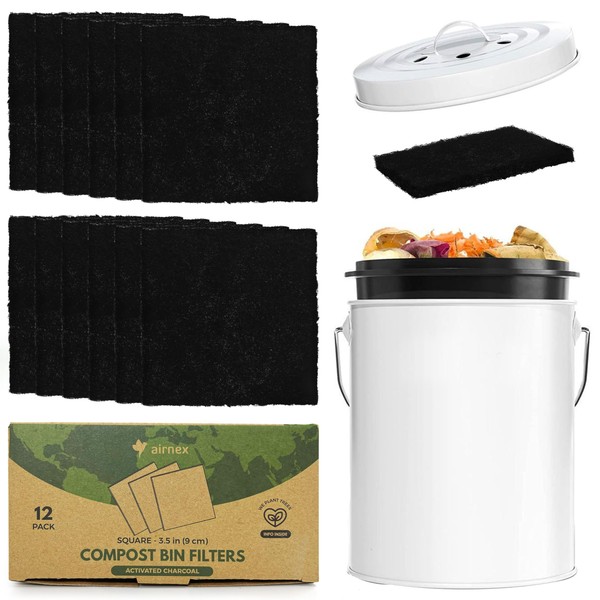 AIRNEX Carbon Filters for Compost Bins - Pack of 12 Extra Thick Activated Charcoal Odor Filters Replacement Set for Kitchen Composting - 3.5 x .4 inch
