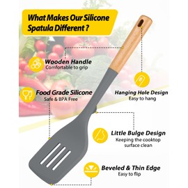 Pack of 2 Large Silicone Spatula, Heat Resistant Solid Turner, Non Stick Slotted Spatulas with Wooden Handle, Ideal Kitchen Utensils for Flipping, Pancakes, Eggs, Fish(GRAY)