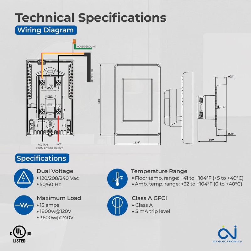 OJ Microline Touchscreen Programmable Radiant Floor Heating Thermostat 120/240V, Dual