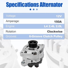 Alternator 12V 150A Replacement for Hyundai Sonata/Santa Fe/Santa Fe Sport 2.0L 2.4L 2015-2019 Replacement for KIA Sorento Optima 2.0L 2.4L 2015-2018, 37300-2G061 104211-8790