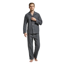 TONY AND CANDICE Men’s Flannel Pajama Set, 100% Cotton Long Sleeve Sleepwear (Large, Grey with Black Piping)