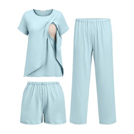 Ekouaer 3 PCS Maternity Nursing Pajamas Set Postpartum Breastfeeding Short Sleeve Shirts, Pregnancy Shorts & Pants Pjs Light Blue L