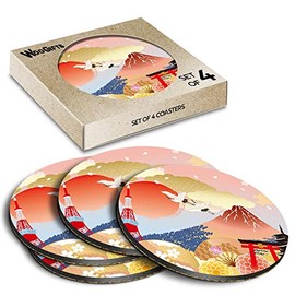 4 x Round Coasters - Japan Mount Fuji Illustration Cork Back MDF Glossy Tea Coffee Accessories #51248