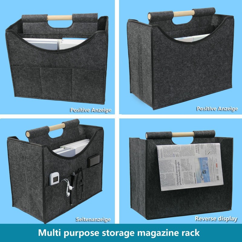 Foldable magazine storage basket, solid wood handle felt organizer, can