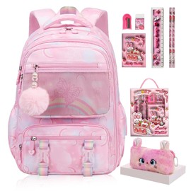 QJHEC Kawaii Starry Rainbow Backpack for Girls – Butterfly Bookbag with Fluffy Charm, Pencil Case & Study Set for Kids & Teens – Pink 17inch