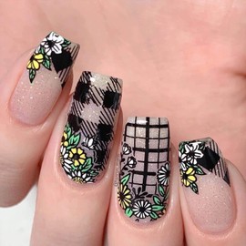 Maniology Petal Pusher (M118) Nail Stamping Plate, Spring Occasions Flower Manicure, Floral and Plaid Nail Art Designs