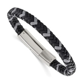 The Black Bow 7mm Stainless Steel, Black & Gray Braided Leather Bracelet, 8 Inch