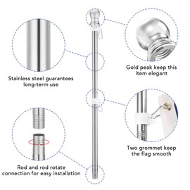 Yeesun Flag Pole,6FT American Flag Pole & Bracket-Suitable for 3 x 5 Flags Holder for House Porch & Outdoor,Tangle Free and Wall Mount Flag Pole Kit (Without Flag,Silver)