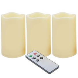 3 Waterproof Outdoor Battery Operated Flameless LED Pillar Candles with Remote Timer Flickering Plastic Resin Electric Night Lights Lantern Patio Garden Home Decor Party Wedding Decorations 3x5 Inches