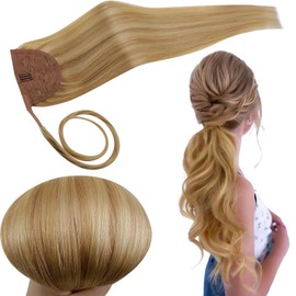 RUNATURE Pferdeschwanz Haarteil Blond Highlight Lang Echte Haare 50cm Zopf Echthaar Goldblond Mit Hellblond 80g #16P24
