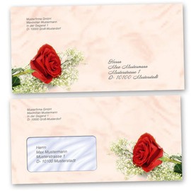 10 envelopes (windowless) Flowers & Petals, Love & Wedding, RED Rose DIN Long (220x110 mm) | Paper-Media