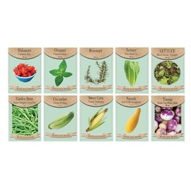 Vegetable, Flower, and Herb Seed Set - 10 Varieties of Non-GMO and Heirloom Premium Seeds for Planting - Rosemary, Mixed Greens, Cucumber, and More!