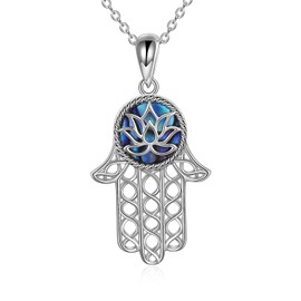 VONALA Hamsa Hand Necklace 925 Sterling Silver Hand of Fatima with Lotus Charm Vintage Hand of Fatima Necklace for Women Path of Symbols Friendship Good Luck Success Amulet Jewelry