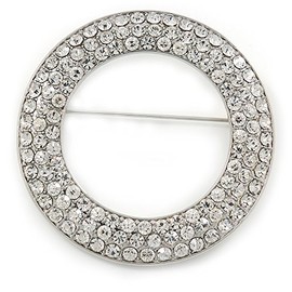 Clear Austrian Crystal Open Cut Circle Brooch In Rhodium Plating - 50mm