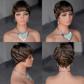 TSHELOVE Pixie Cut Wig Human Hair for Black Women P1B/27 Highlight Brown Short Wigs for Black Women Human Hair Glueless Wig with Bangs Human Hair Layered Haircut Wigs Full Machine Made Wig (P1B/27)