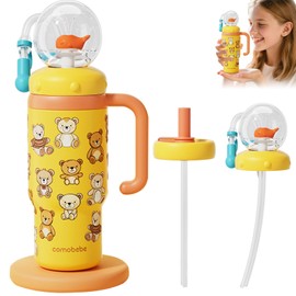 Comobebe Whale Fountain Tumbler With Handle, 2025 Drinking Cup with Whale Squirt for Kids, Insulated Stainless Steel Travel Mug Cute Printed Water Bottle with Lid and Straw and Leak-Proof (bear)