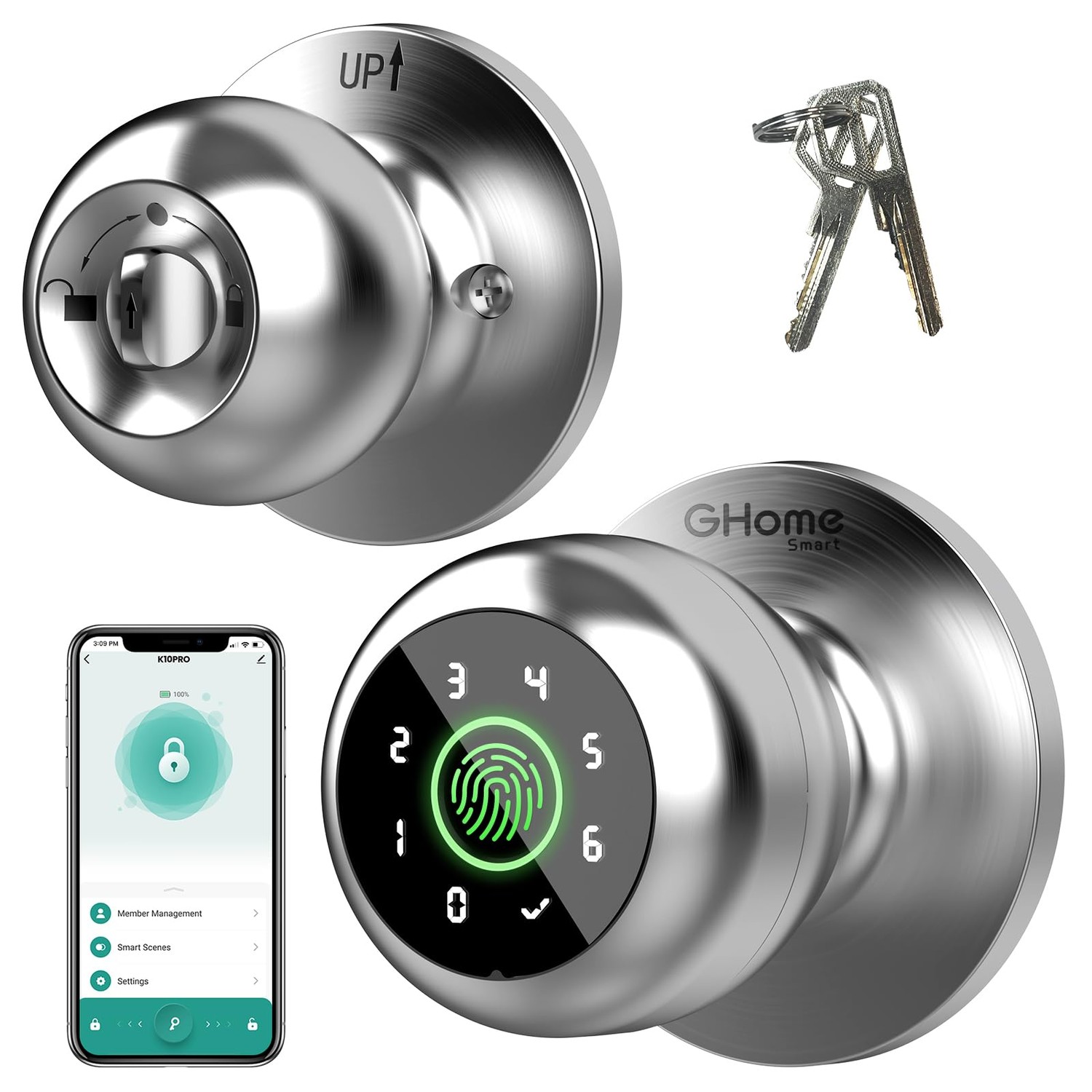 GHome Smart Fingerprint Door Lock, 4 in 1 Smart Fingerprint Door Knob ...
