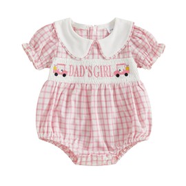 Fuethsuy Infant Baby Girl Golf Clothes Dad's Girl Golf Car Embroidery Bubble Romper Plaid Short Sleeve Bodysuit Summer Outfit (Pink, 12-18 Months)