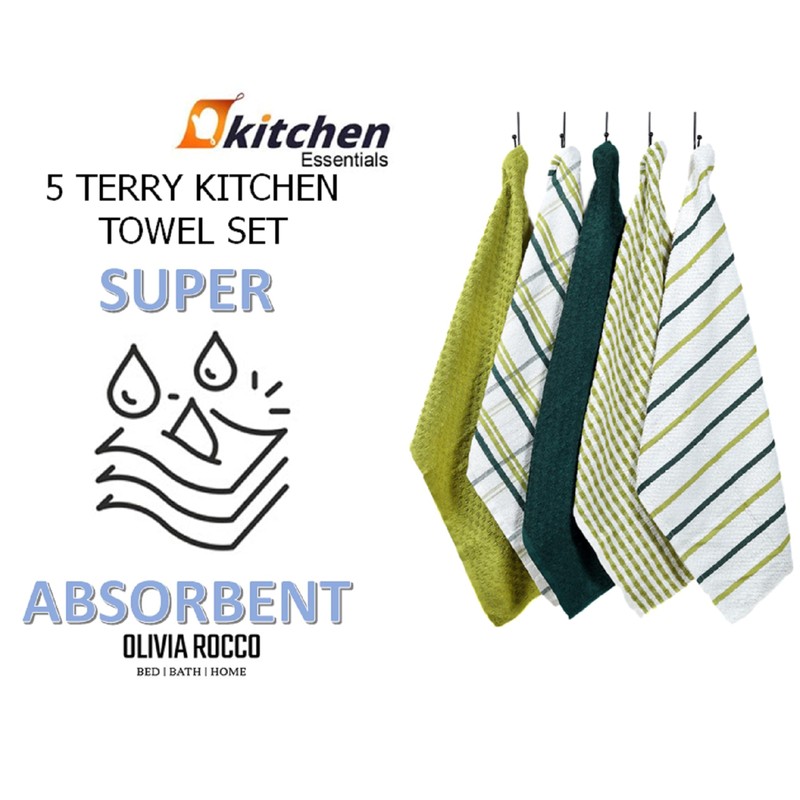 Olivia Rocco 5 Pack Terry Kitchen Tea Towels Cotton Super