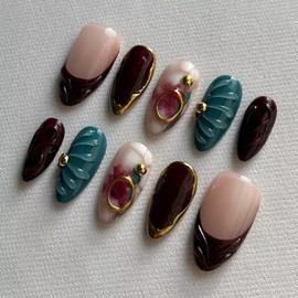 MAGLFELL Fall Press On Nails - Handmade GEL Medium Length Almond Fake Nails, Brown Rendering Painting Design, Reusable Artificial Almond False Nails for Women 10 Pcs Acrylic Nails Kit (Size M)