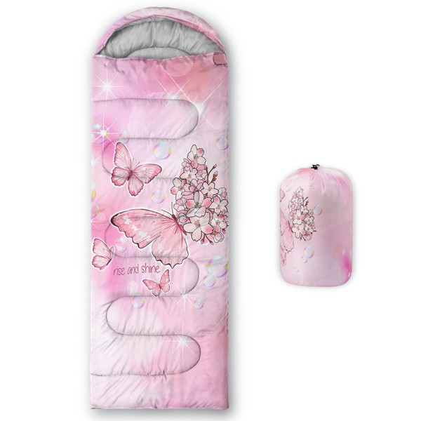 BSNTHO Pink Butterfly Printed Camping Sleeping Bags,3 Season Warm &