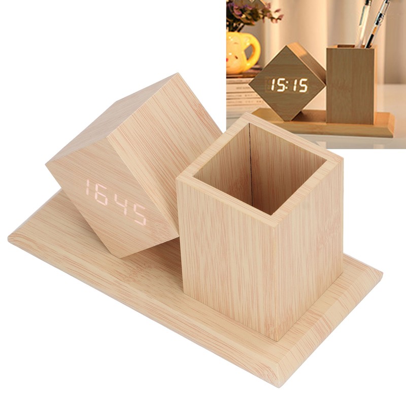 Pen Holder Clock Voice Control HD LED Display USB Battery