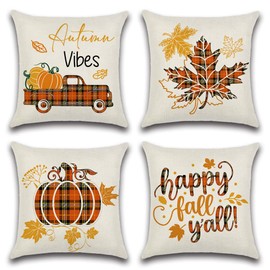 Artscope Pack of 4 Buffalo Check Cushion Covers, 45 x 45 cm, Autumn Theme Cushion Cover, Pumpkin, Truck, Maple Leaf, Decorative Cushion Cover, Throw Cushion Cover for Sofa, Car, Bedroom