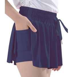 Pantalones cortos de mariposa 2 en 1 para niñas, con bolsillo para deportes, correr, atletismo, Azul oscuro, 6-8 Años