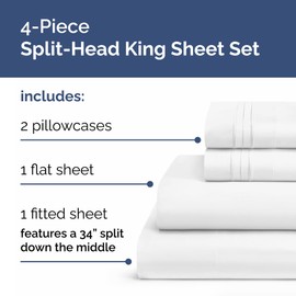 Split Head King Sheets Set – Top Split King Sheets for Adjustable Beds, Easy-Fit Split Head King Mattress - Flex Split Top King Sheets, Easy-Fit, Breathable, Deep Pocket Split King Sheets Set - White