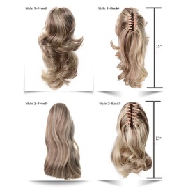 Onedor 15" Synthetic Fiber Curly Ponytail Hair Extension hairpiece with Clip-in Jaw Clips, Dual-Use Hair Extensions (12TT26)